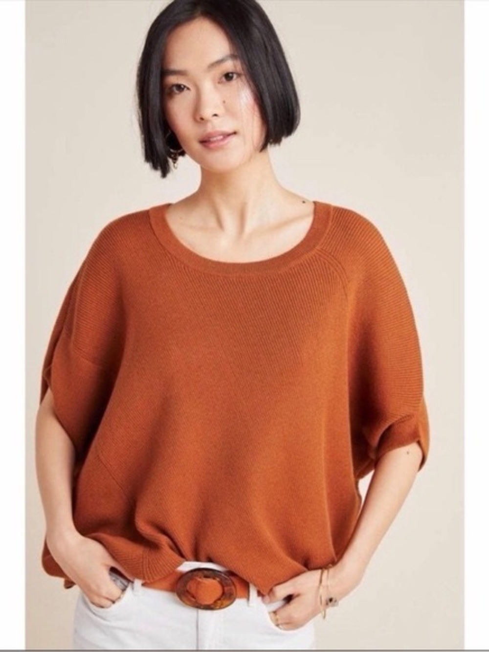 Anthropologie Vanessa Knit Poncho Large brown rust short sleeve sweater slouchy